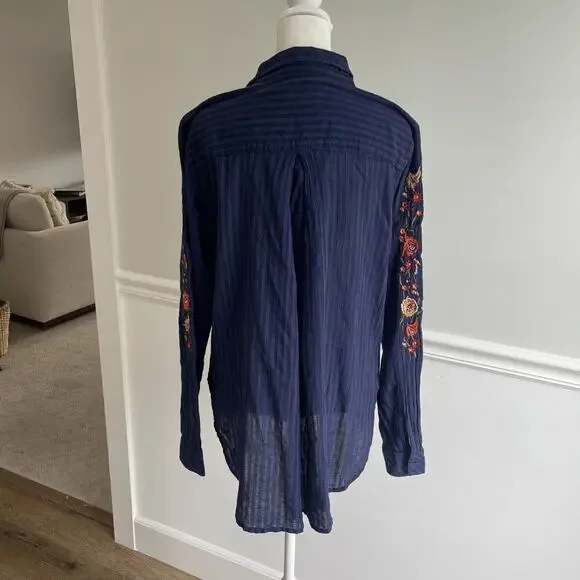 Sonoma Women L Embroidered Button Up Shirt Collared Cotton Gauzy Top Blue Tunic - Picture 3 of 10